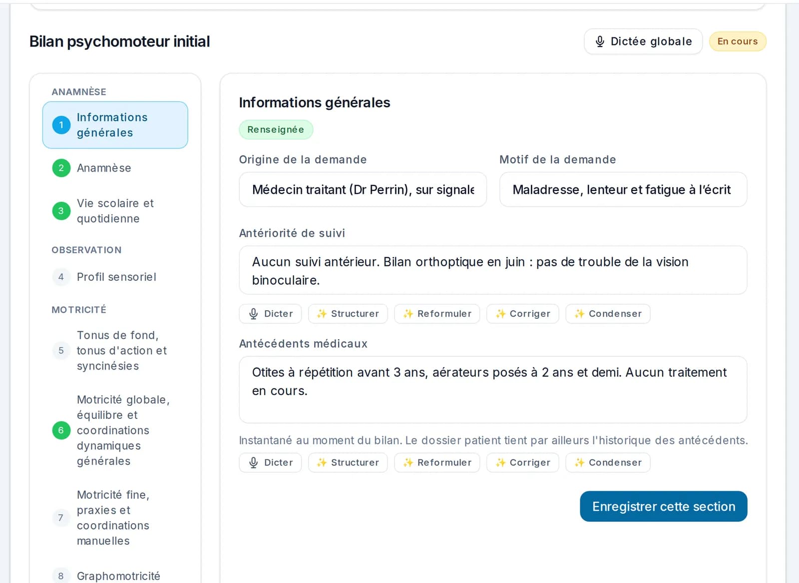 Bilan psychomoteur dans Libcab : sommaire des sections (anamnèse, profil sensoriel, tonus, motricité, graphomotricité…) et formulaire Informations générales en cours de saisie