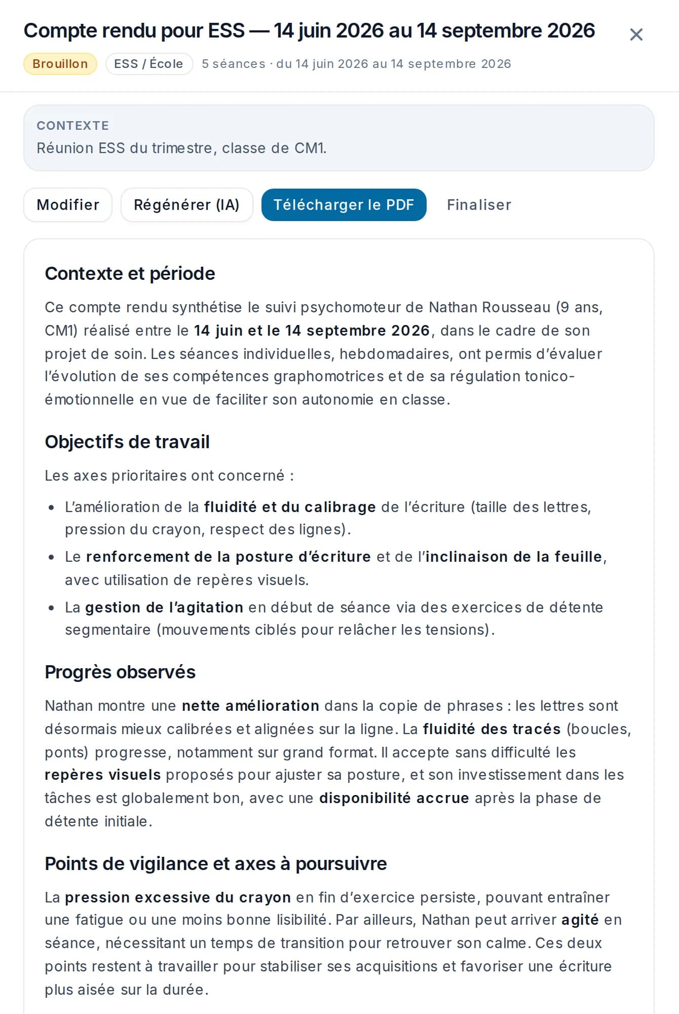 Compte rendu pour ESS généré dans Libcab : sections Contexte et période, Objectifs de travail, Progrès observés, Points de vigilance et axes à poursuivre, avec les boutons Modifier, Régénérer et Télécharger le PDF
