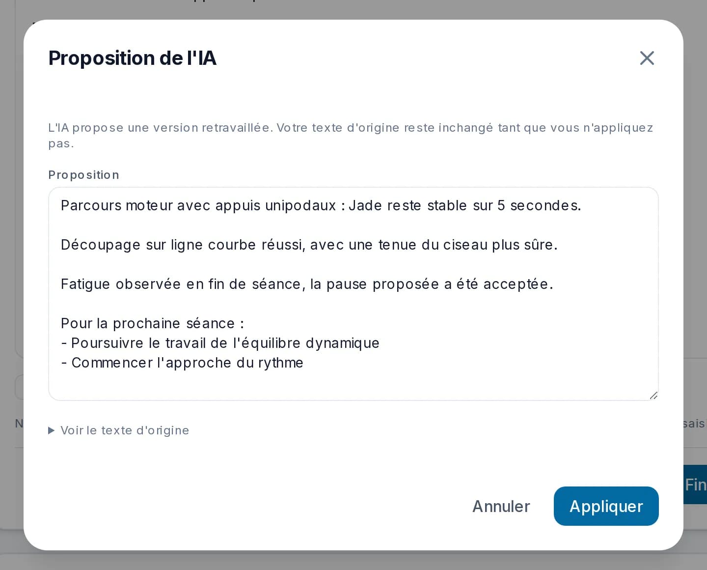 Proposition de l’IA pour une note de séance : paragraphes réorganisés et liste des objectifs de la prochaine séance