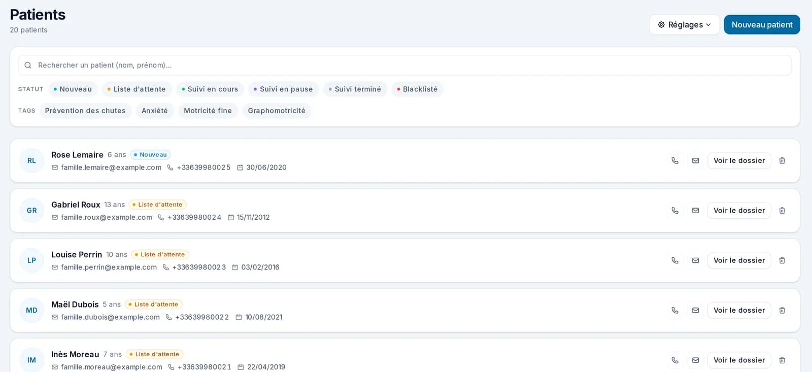 Liste des patients dans Libcab avec recherche, filtres par statut (Nouveau, Liste d’attente, Suivi en cours…) et par tag