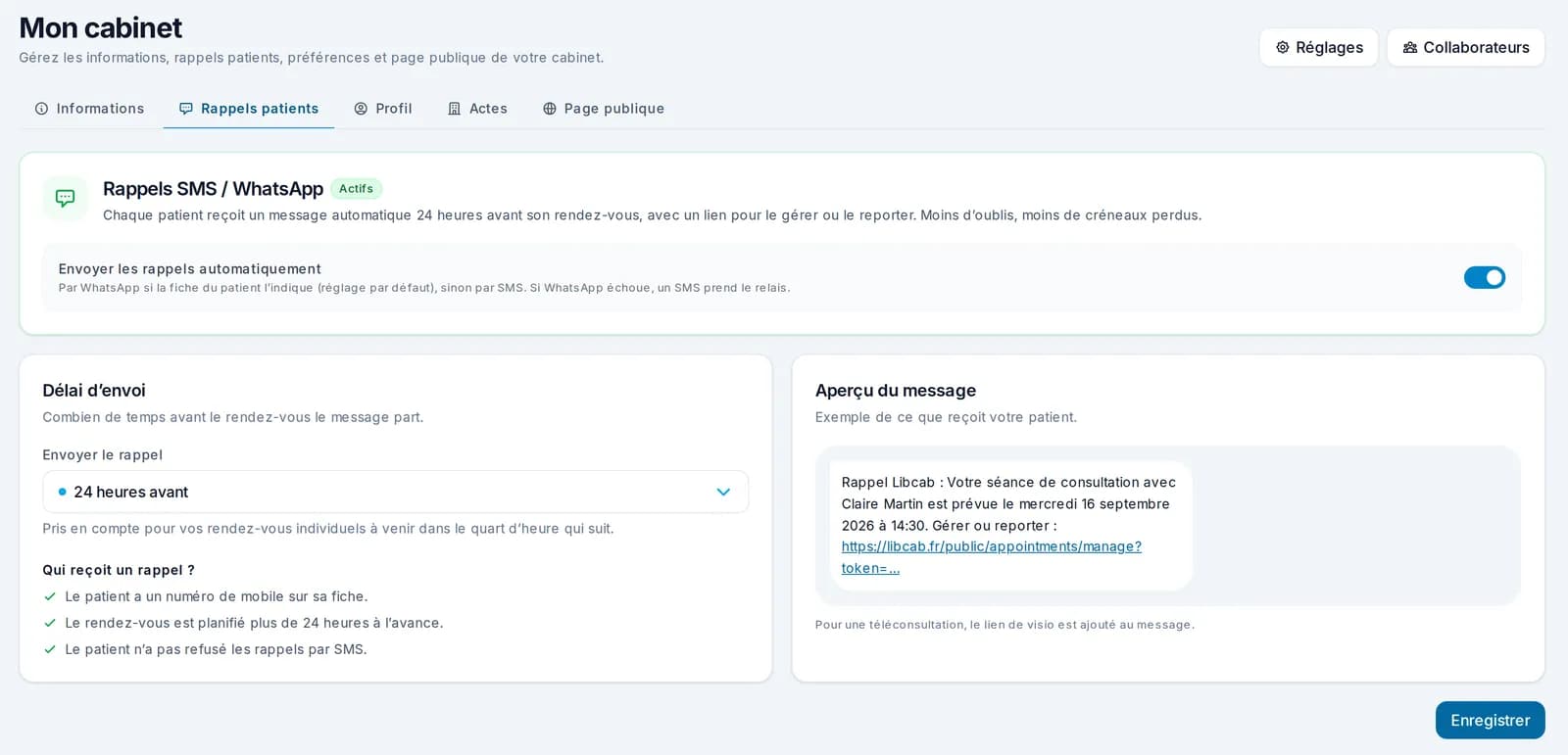 Réglage des rappels SMS et WhatsApp dans Libcab : envoi automatique activé, délai de 24 heures et aperçu du message reçu par le patient avec son lien de gestion