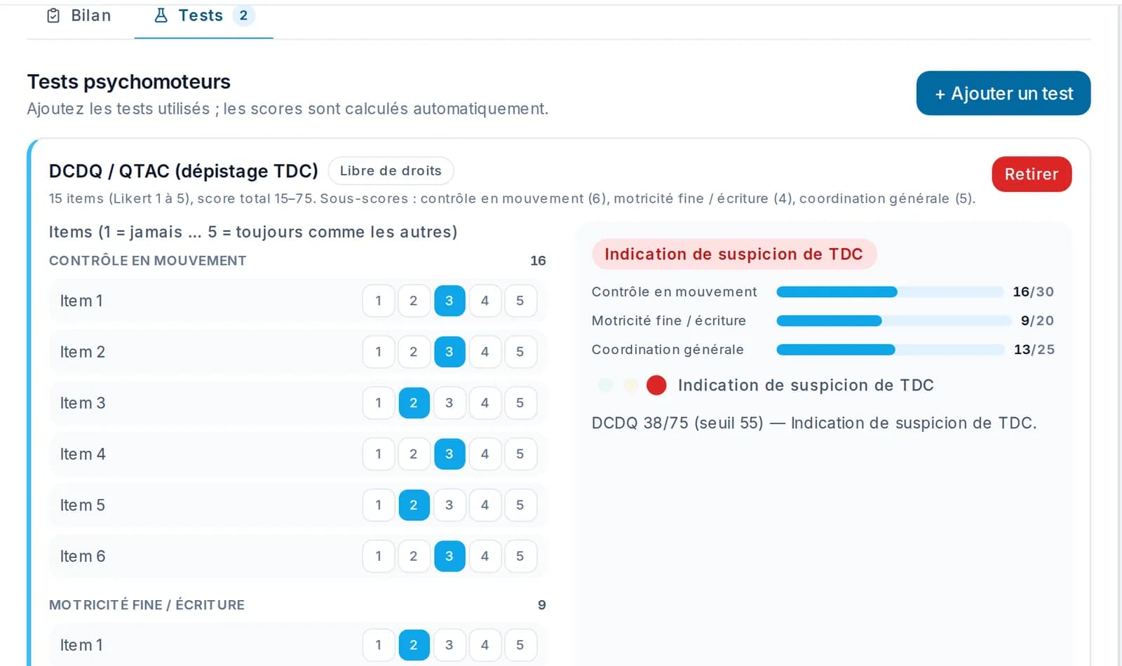 Onglet Tests d’un bilan dans Libcab : questionnaire DCDQ coté item par item, sous-scores par domaine et indication de suspicion de TDC